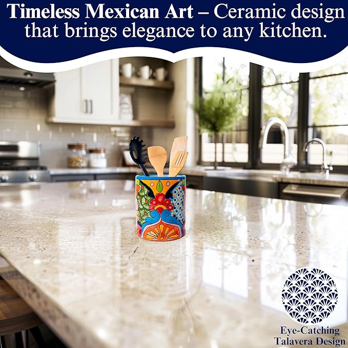 Talavera Utensil Holder - Hand Painted Ceramic Spoon Crock - Colorful Utensil Crock - Large Mexican Spoon Rest 6" H (Turquoise)