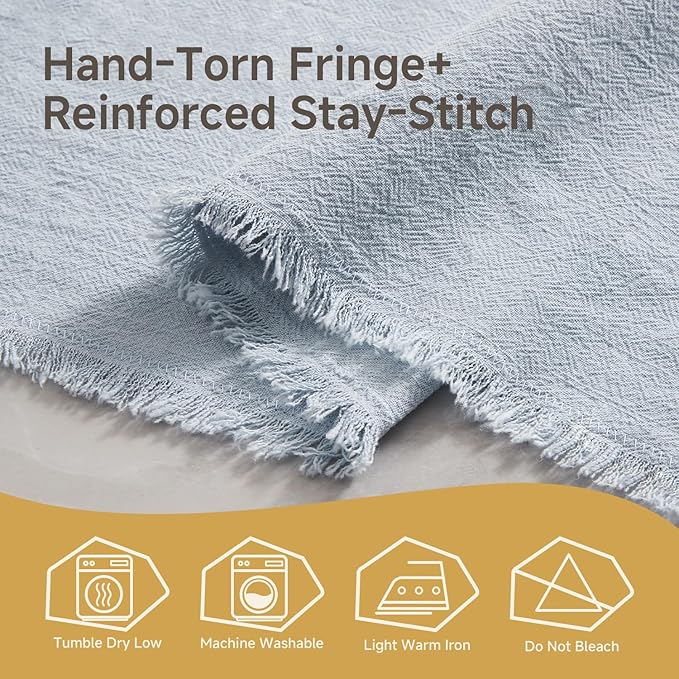 KINGSTONE 14 x 108 Inches Frayed Edge Table Runner, 270G Heavyweight Sand Washed Slub Texture Cotton Linen for Modern Farmhouse, Rustic Home Decorations Dining Room Wedding Boho Decor, Light Blue