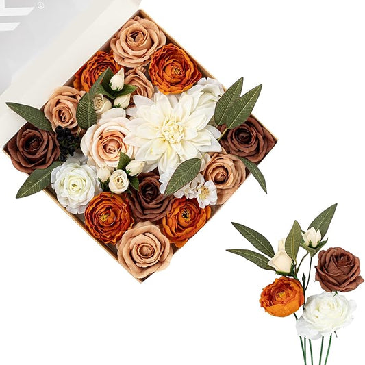 FANKO Artificial Flowers for DIY, Brown Burnt Orange White Faux Flowers Bouquet, Colorful Fake Rose Dahlia Ranunculus Silk Flowers for Vase, Home Decor, Garland, Summer Wedding, Birthday, Party