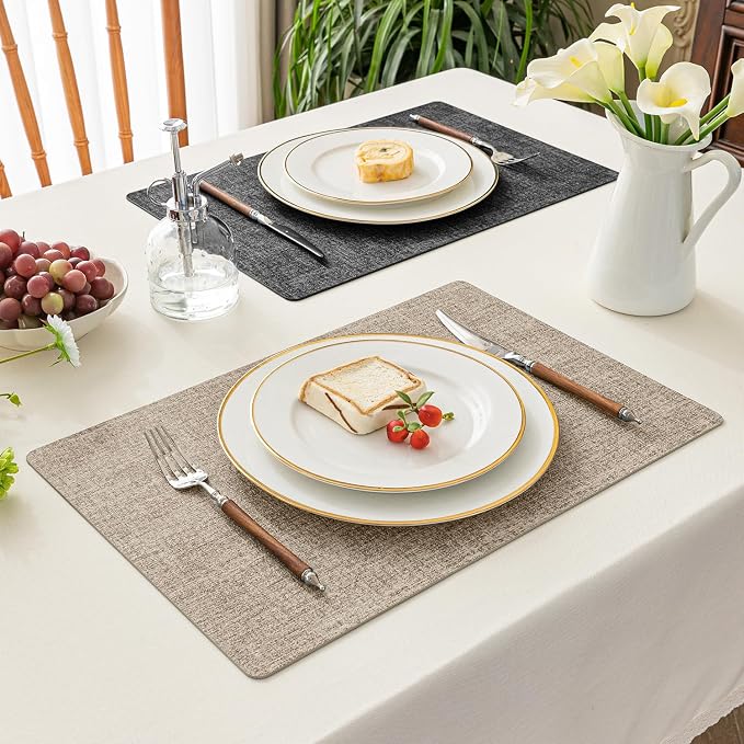 Romanstile Vinyl Placemats Set of 6, Reversible Faux Leather Heat Resistant Wipeable Table Mats, Waterproof Washable Non-Slip Table Placemats for Dining/Kitchen/Party/Outdoor (Grey Khaki, 12" x 17")
