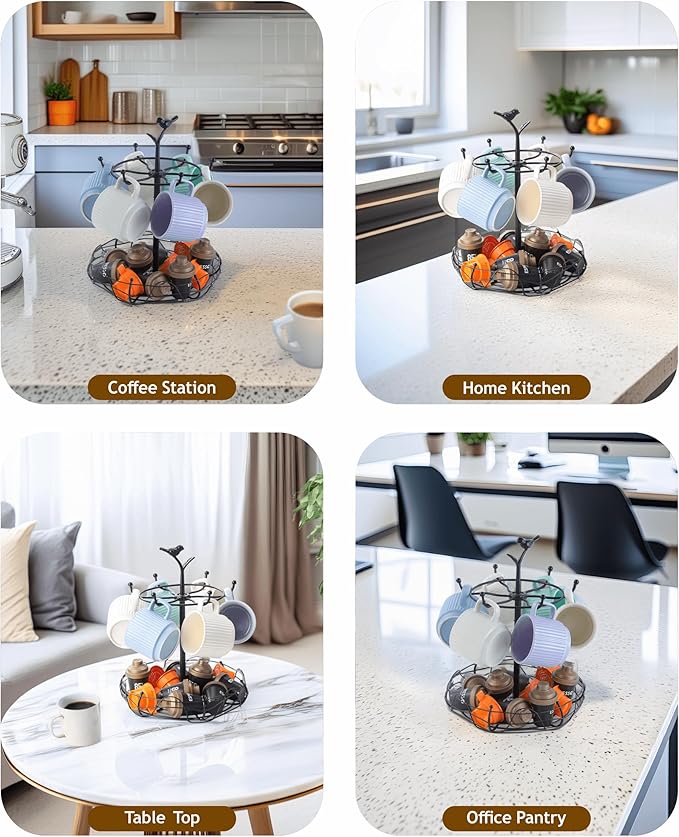 Rotating Mug Tree for Countertop | Decorative Bird & Nest Mug Holder with Storage Basket | Holds 6 Mugs & Pods | 360° Spinning Coffee Cup Rack for Kitchen, Coffee Bar Accessories & Home Décor