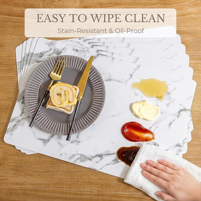 Romanstile Vinyl Placemats Set of 4-12 X 17 Inch - Faux Leather 100% Waterproof Wipeable Anti Slip Place Mats, Heat Resistant Reversible PU Table Mats for Kitchen Dining Party Outdoor, Marble