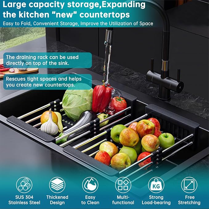 Over Sink Dish Drying Rack Black, Sink Dish Drainer Expandable Stainless Steel Dish Drainers for Kitchen Counter Dish Dryer Rack Utensil Holder Kitchen Organizer for Dishes Veggies and Fruits
