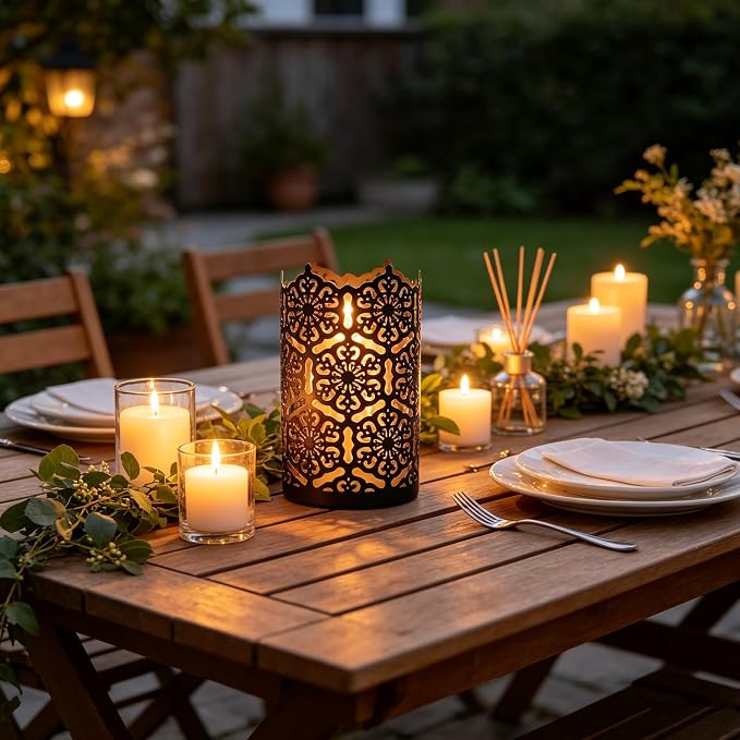Hosley 7 Inch High Cut Bronze LED Votive Tealight Holder Lantern Intricate Floral Design for Timeless Elegance and Cozy Illumination in Stylish Home D cor Elevate Your Ambiance