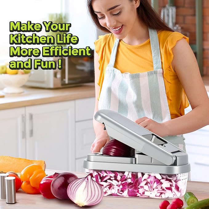 Vegetable Chopper,12-in-1 Multifunctional Food Chopper,Professional Onion Chopper with 7 Blades,Vegetable Cutter with Container for Salad,Potato,Carrot,and Garlic Essential Kitchen Tool (Silver black)