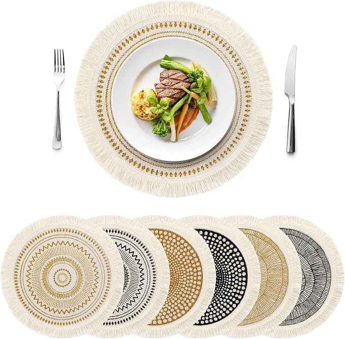 LOMOHOO Set of 6 Round Placemats 13 Inch Fall Table Mats Boho Cotton Woven Mandala Tassels Heat Proof Washable Circle Place Mat for Kitchen Dining Wedding Farmhouse Home Decoration
