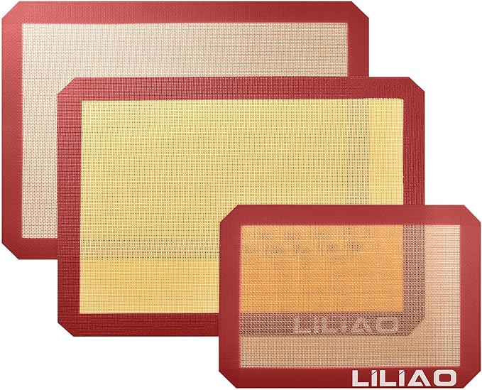 LILIAO Silicone Baking Mat, 3-Pack Non-Stick Reusable Baking Mat, Oven Baking Sheet for Making Cookies, Macaroons, Bread and Pastry (Red)
