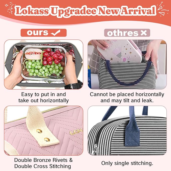 LOKASS Lunch Bag for Women, Insulated Lunch Box, 12L Large Capacity Wide Open Lunch Tote, PU Leather Leakproof Thermal Lunch Bag for Office Work Daily Use