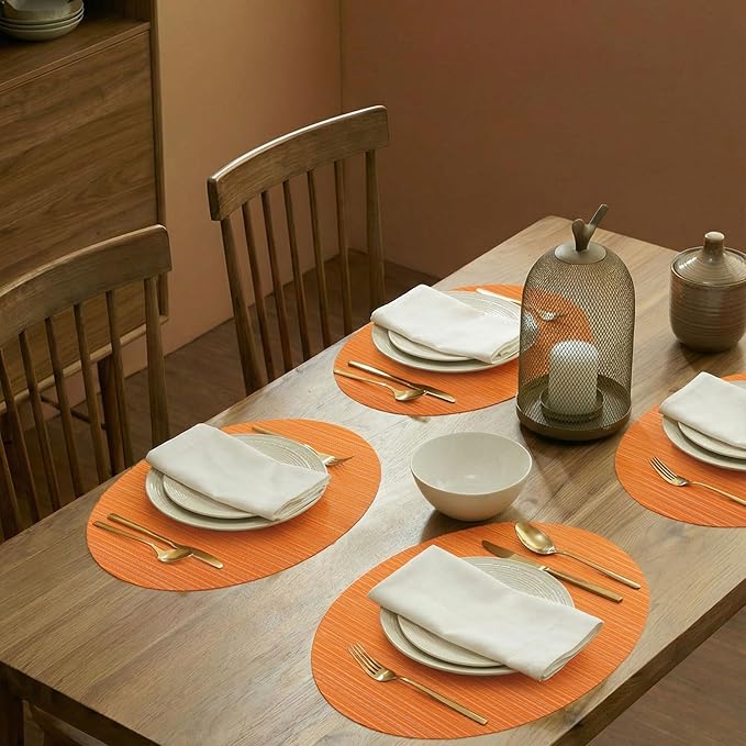 AHHFSMEI Oval Placemats Set of 6 Woven Vinyl Non-Slip Heat Resistant Stain Resistant Easy Clean Place mats for Dining Table(Orange)