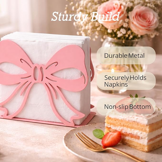 2Pack Pink Bow Napkin Holder for Table, Modern Metal Napkin Holders for Kitchen Dining Tables & Countertops, Paper Cocktail Napkins Holder Dispenser for Indoor & Outdoor Party