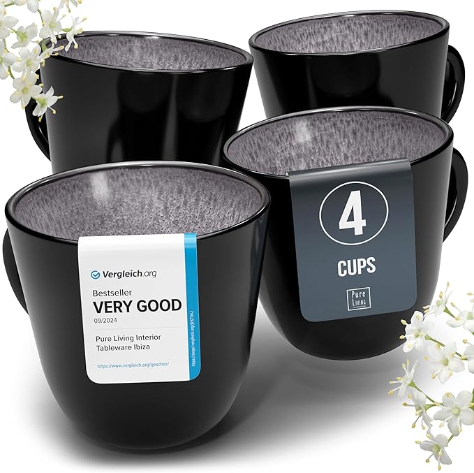PURE LIVING INTERIOR DESIGN Stoneware coffee mugs set 4 pcs – 14.5 oz dark gray ceramic coffee cups – Dishwasher and microwave safe – Stylish modern mug set – Dinner service