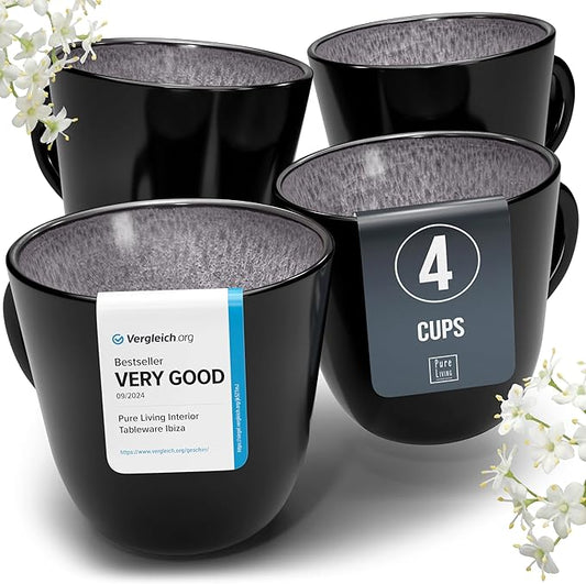 PURE LIVING INTERIOR DESIGN Stoneware coffee mugs set 4 pcs – 14.5 oz dark gray ceramic coffee cups – Dishwasher and microwave safe – Stylish modern mug set – Dinner service