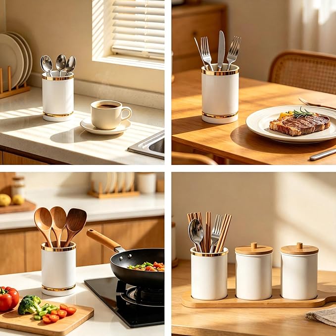 Utensil Drying Holder for Kitchen Countertop, 6in Ceramic Small Silverware Cutlery Set Crock Caddy, Self Draining Tea Coffee Spoon Fork Flatware Stirrers Jar for Stir Stick Straw