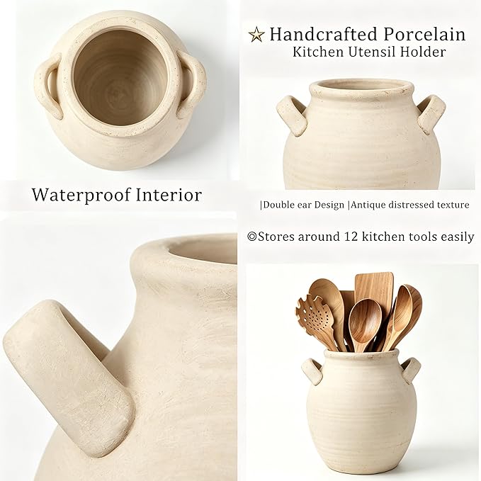 Rustic Kitchen Utensil Holder with Handle, 7" Ceramic Farmhouse Stable Utensil Crock for Countertop, Vintage Cooking Tool Organizer & Spatula Holder For Kitchen Decor (White)