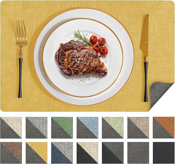 Romanstile Vinyl Placemats Set of 8, Reversible Faux Leather Heat Resistant Wipeable Table Mats, Waterproof Washable Non-Slip Table Placemats for Dining/Kitchen/Party/Outdoor (Grey Yellow, 12" x 17")