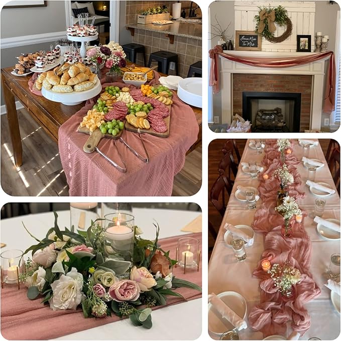 Dusty Blush Cheesecloth Table Runner 10ft Gauze Table Runner for Decor Valentines 35x120 Inches Rustic Boho Cheese Cloth for Wedding Baby Bridal Shower Party