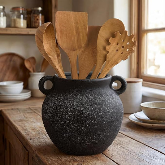 Qinyoung Rustic Kitchen Utensil Holder 6 Inch Small Ceramic Utensil Holder with Handle Vintage Crock Decoration Spatula Organizer for Kitchen Countertop Farmhouse Party Supplies(Black,Elegant)