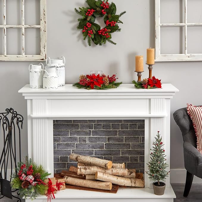 Nearly Natural Poinsettia, Berry and Golden Pine Cone Candelabrum Artificial Silk Arrangements Red 6"D x 14"W x 14"H