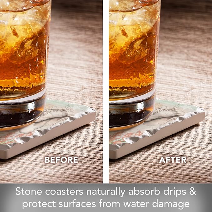 Thirstystone Beachy 4 Pack Assorted Tumbled Tile Stone Coasters with Protective Cork Backing Manufactured in The USA Absorbent Easily Wipes Clean (Caribbean Sea)