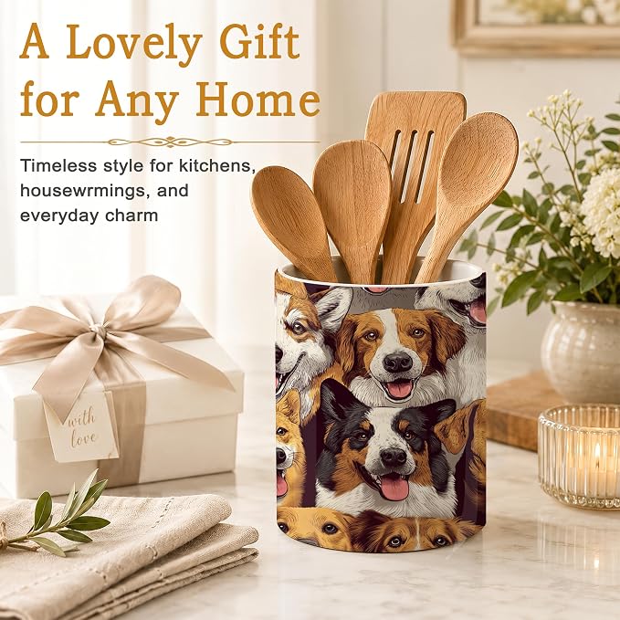 Cute Dog Utensil Holder for Countertop,Funny Ceramic Utensil Crock Organizer for Home Kitchen Spoons,Spatulas and Cooking Tools
