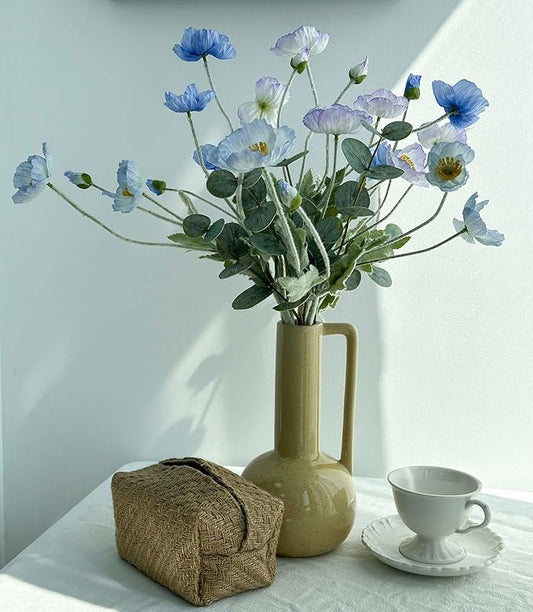 Blue Poppy Artificial Flowers and Eucalyptus Stems mixed, Fake Silk Flowers with Stems for Vase, Faux Floral Arrangements for Wedding Party Farmhouse Home Office Table Centerpieces Decoration