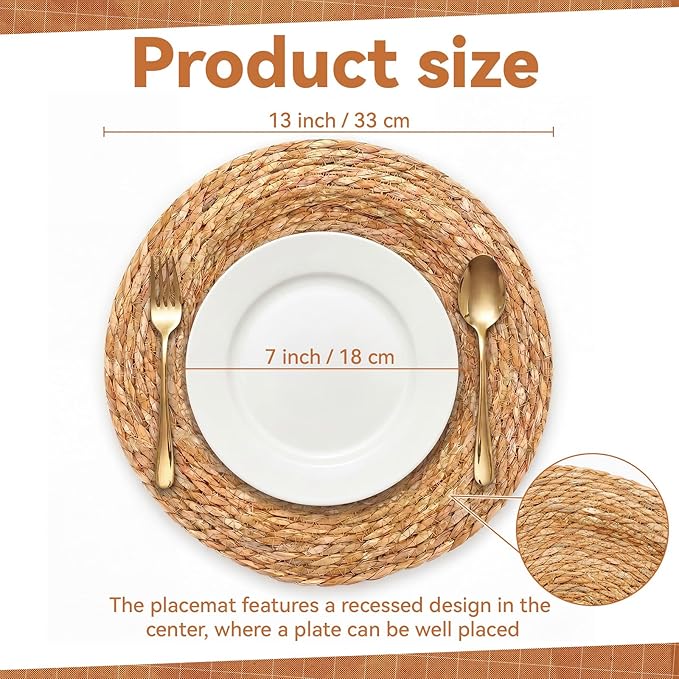 LemonRoad 13 Inch Boho Placemats Set of 6 Large Round Farmhouse Chargers Plate Mats Cattail Weave Woven Table Mats for Dining Plates Rustic Home Kitchen Wedding Party Table Decor