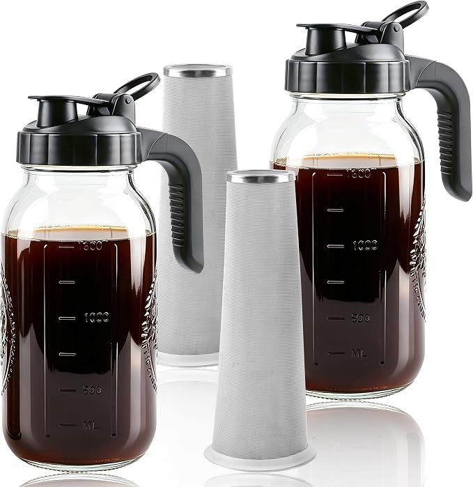 Cold Brew Coffee Maker 64oz Iced Coffee Maker with Stainless Steel Filter | Wide Mouth Glass Pitcher with Pour Spout Lid Cold Brew Pitcher with Ergonomic Handle Airtight Mason Jar Pitcher with Filter