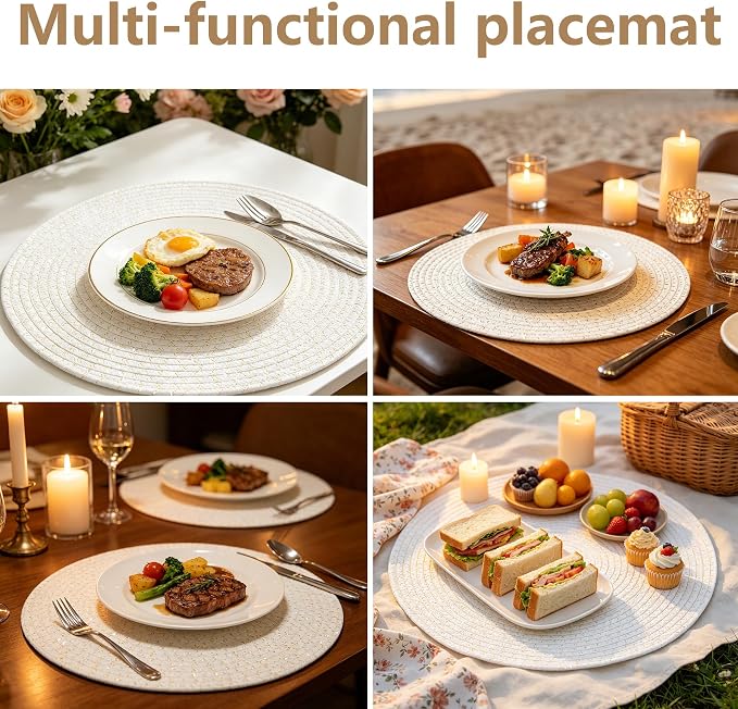 Round Woven Placemats Set of 6, 13.4 Inches Cotton Round Placemats, Heat Resistant Washable Table Mats for Indoor & Outdoor Dining Table Decor