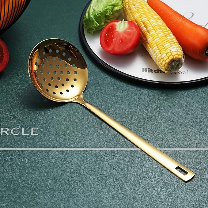 Gold Skimmer, Berglander Metal Strainer With Titanium Gold Plating, Kitchen Cooking Skimmers For Non-Stick Cookware, Dishwasher Safe, Easy to Clean