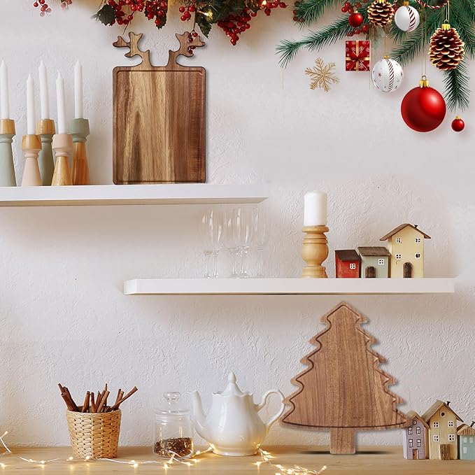 Umigy 2 Pcs Christmas Charcuterie Boards Christmas Tree Wooden Cutting Board with Handle Antler Acacia Wood Cute Cutting Board for Cheese Fruit Bread Salad Vegetables Snack Dessert (Rectangular Elk)