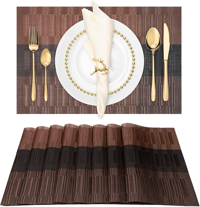 Winknowl Placemats Set of 8, Heat Resistant Non-Slip Vinyl Woven Table Mats for Dining Table, Washable Durable Elegant Place Mats for Kitchen Indoor/Outdoor Use (Coffee)