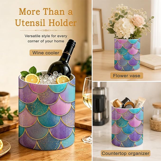 Mermaid Fish Utensil Holder for Countertop,Pink Scales Marble Ceramic Utensil Crock Organizer for Home Kitchen Spoons,Spatulas and Cooking Tools