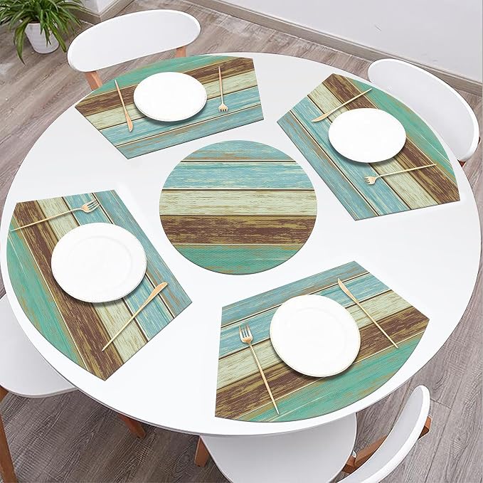SHACOS Small Round Table Placemats Set of 5 Woven Vinyl Wedge Placemats with Centerpiece Round Table Mats Wipe Clean, Teal Brown Stripe Wood Board