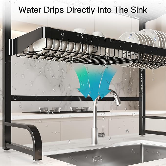 3 Tier Extra Large Stainless Steel Expandable Over The Sink Dish Drainer Drying Rack, Rust Proof Metal, Space Saving, Modern Black Big Capacity Extendable Plate Strainers Above Kitchen Counter