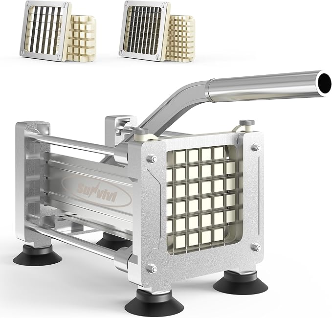 Commercial French Fry Cutter with 1/2 Inch & 3/8 Inch Blade, Heavy Duty Potato Slicer, Potatoes Cutter for Potatoes, Carrots, Cucumber, Onion, Yam, Stainless Steel