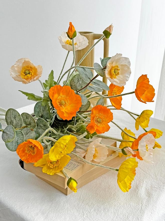 Poppy Artificial Flowers and Eucalyptus Stems, Fake Orange and Yellow Champagne Flowers, Silk Flowers Arrangement for Wedding Party Farmhouse Home Office Table Centerpieces Decoration