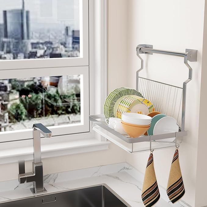 TQVAI Over Sink Dish Drainer Drying Rack, Stainless Steel Foldable Wall Mounted Dish Racks with Drainboard Hanging Rod and Sponge Holder, Silver
