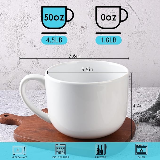 50oz large Ceramic Soup Mug with Handles for Coffee, Tea, Ice Cream, Cereal set of 2