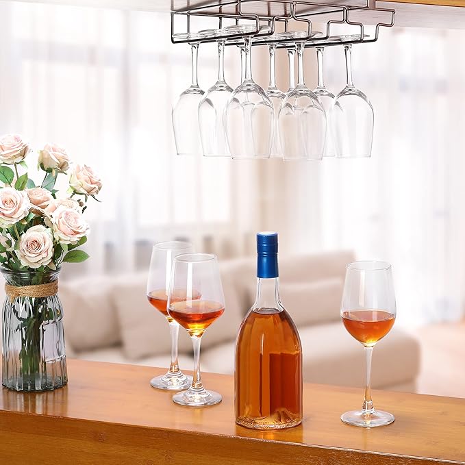 Wine Glass Rack Under Cabinet Drilling Free No Screw Steamware Holder Under Shelf Metal Wine Glasses Holders 304 Stainless Steel Hanger Storage Organizer Hanging Glass Fit for Bar Kitchen 3 Rows Brown