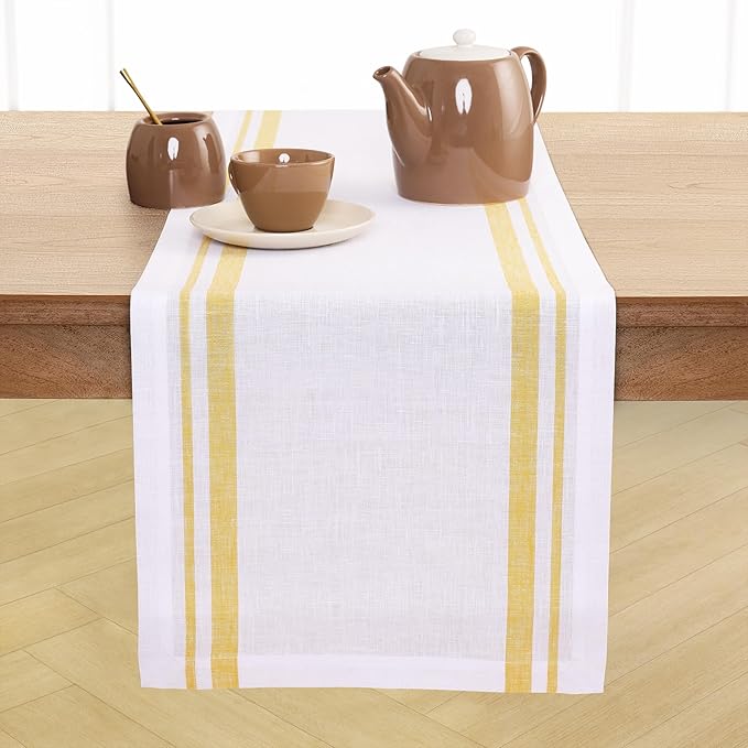 Solino Home Linen Table Runner 120 Inches Long - 100% Pure Linen Yellow and White French Stripe Table Runner 14 x 120 Inch for Dining, Spring, Summer