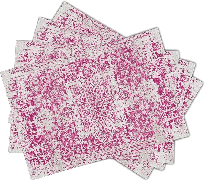 Gray Hot Pink Boho Placemats Set of 4 Ethnic Bohemian Carpet Place Mats Washable Kitchen Dining Vintage Grey Geography Floral Linen Table Mats Stain Heat-Resistant for Home Party Indoor 12x18 in