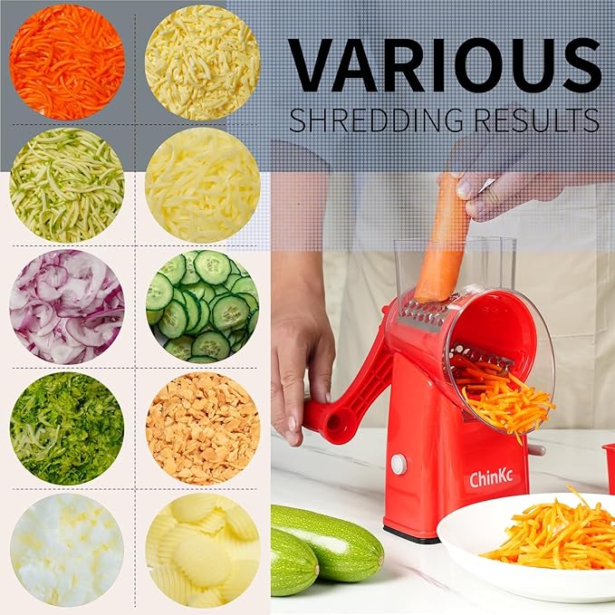 Upgrade Rotary Cheese Grater Shredder with Handle, Strong Suction Base, Multi-purpose Rotary Grater Slicer with 5 Interchangeable Blades for Ice, Vegetables, Fruit, Nuts with Blade Storage Box
