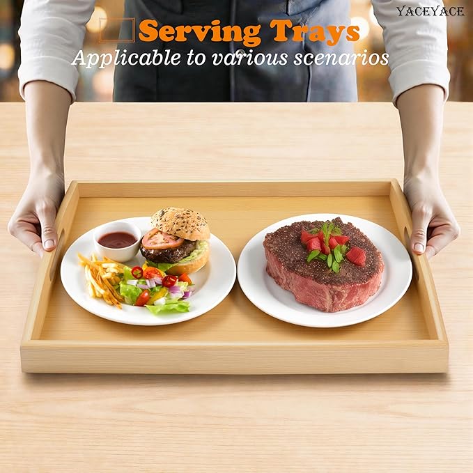Serving Trays for Home Decor, 15.7"x11.4"x2" Medium Bamboo Serving Tray with Handle, Food Tray for Coffee Table, Ottoman, Breakfast, Dining