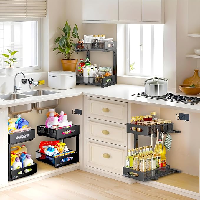 Metal Under Sink Organizer for Kitchen and Bathroom, With 3M Self Adhesive Holder, Slide Out Storage Rack, Adjustable Height, 2-Tier Easy Access Baskets, 4 Hanging Hooks