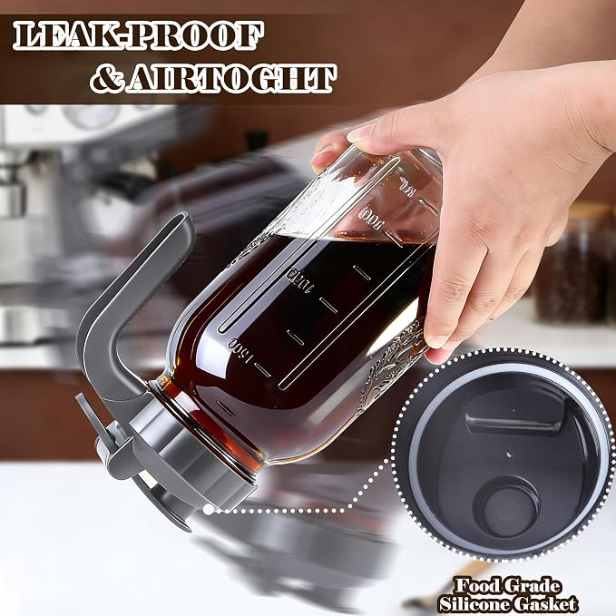 Cold Brew Coffee Maker 64oz Iced Coffee Maker with Stainless Steel Filter | Wide Mouth Glass Pitcher with Pour Spout Lid Cold Brew Pitcher with Ergonomic Handle Airtight Mason Jar Pitcher with Filter