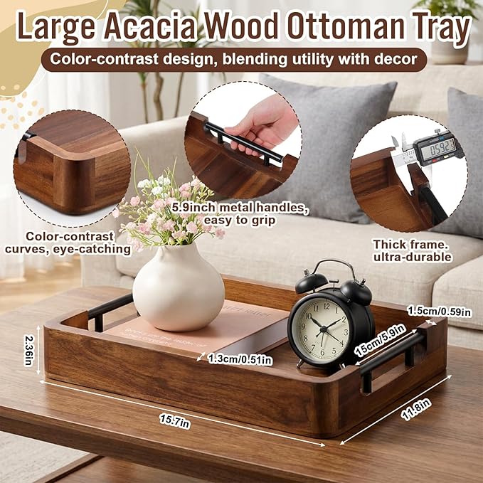 Wood Serving Tray with Handles, 16"x12" Large Acacia Wood Ottoman Tray for Living Room, Rustic Decorative Storage Trays, Decorative Trays for Home Decor, Charcuterie Boards Rectangular Platters