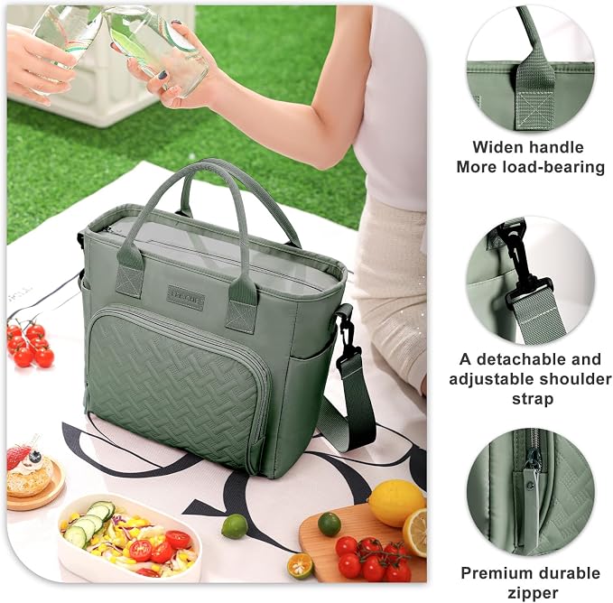 Insulated Lunch Bag for Men Women, Large Leakproof Cooler Bag with Removable Strap, Lunch Box, Reusable Adult Lunch Tote for Work, Picnic and Travel - Army Green