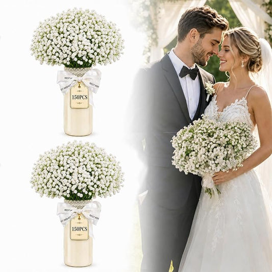 150 Pcs Artificial Baby's Breath Flowers Bulk, Real Touch White Gypsophila Fake Flowers with Bendable Stems for Wedding Bouquets, Centerpieces, DIY Crafts, Home Garden Decor