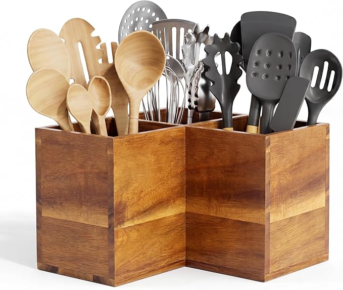 ZUJJAFY Utensil Holder, Corner Utensil Holder for Kitchen Counter, Acacia Wood Kitchen Utensil Holder for Countertop with 3 Compartments, Wooden Cooking Utensil Organizer for Spatula Storage