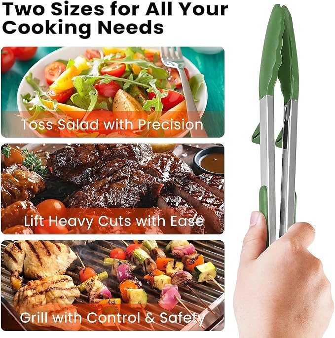 Kitchen Tongs Set of 2 (9” & 12”) – Stainless Steel & Silicone Cooking Tongs with Built-in Stand & Dishwasher Safe – Heat Resistant up to 600°F – Perfect for Grilling, BBQ, Salad & Frying